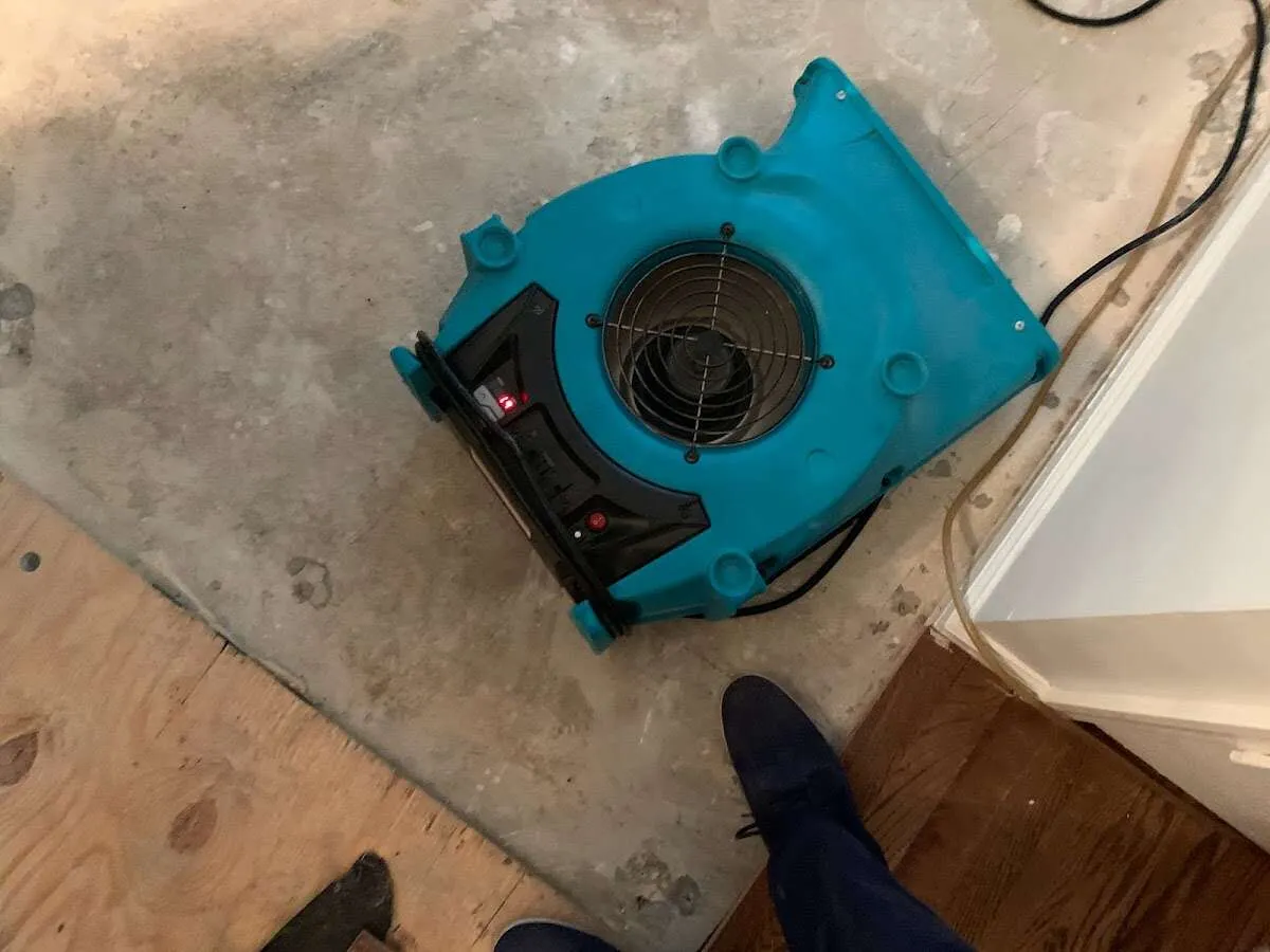 Air mover drying subfloor during Leak Detection & Repair in St. Robert